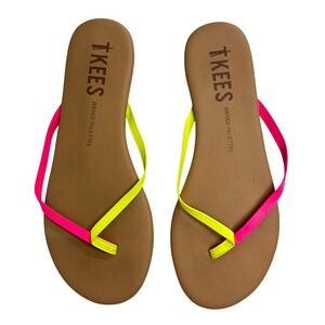 TKEES Neon Leather Flip Flop Sandals Size 9 Pink Yellow Beachy Vacation Dopamine